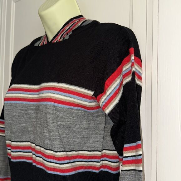 Vintage 70s Kmart striped black, red, gray & tan cream acrylic sweater with hood - Picture 5 of 9